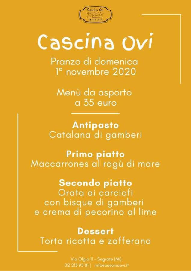 Pranzo di domenica 1° novembre: il menù da asporto di Cascina Ovi - Sapori News 