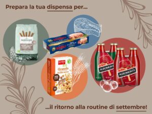 Prodotti per la dispensa di settembre: pasta integrale Sgambaro, tonno in lattina Rizzoli Emanuelli, granola con frutta secca Germinal Bio e passate siciliane Agromonte