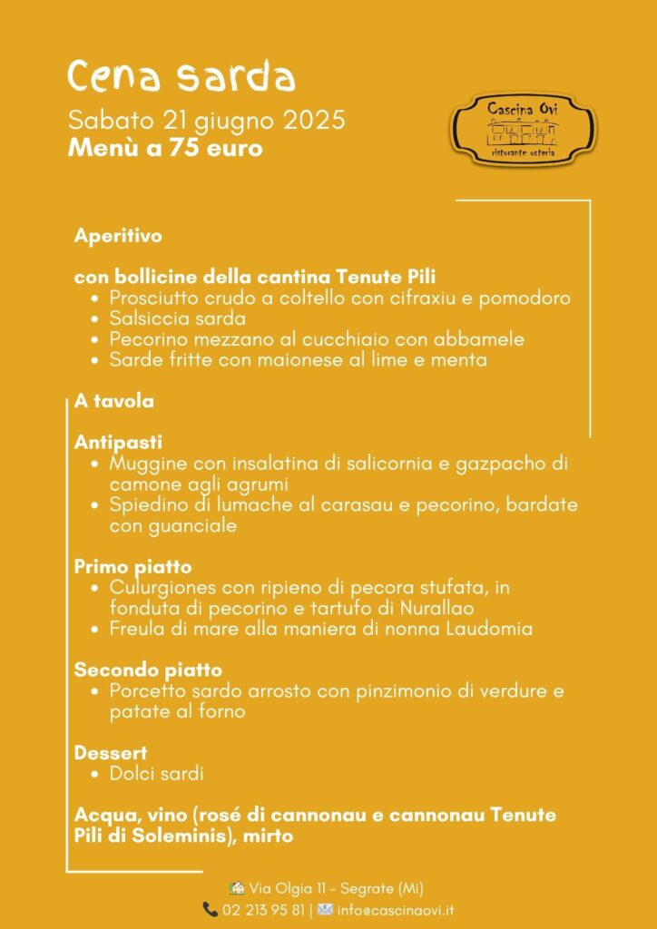 Cascina Ovi celebra la Sardegna: sabato (21 giugno) una serata tra sapori, suoni e identità - Sapori News 