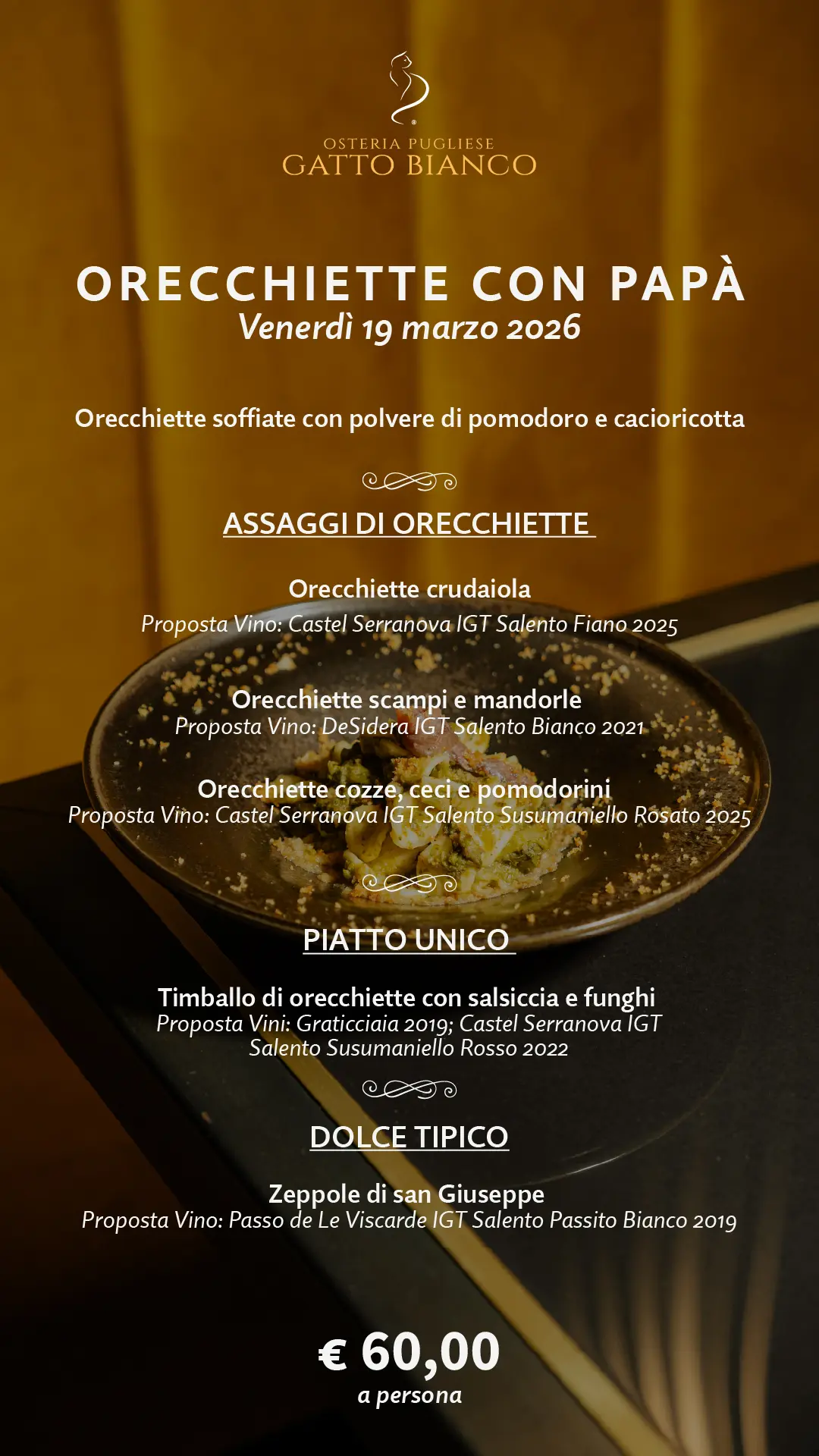 MenuCena19Marzo.jpg-1 Osteria Pugliese Gatto Bianco Festa del Papà Milano: serata speciale con orecchiette e zeppole di San Giuseppe